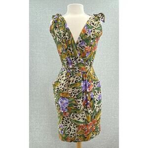 Vintage OOPS California Dress Womens 11/12 Floral Leopard Faux Wrap Back Buttons